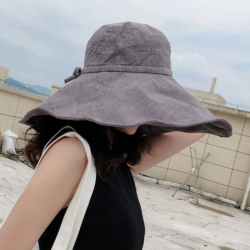 Summer Wide Brim Sun Hat Women's Foldable Travel Packable Bucket Hat Japanese UV Sunscreen Cotton Linen Beach Hat Fisherman Hat Qme GY 55-60cm