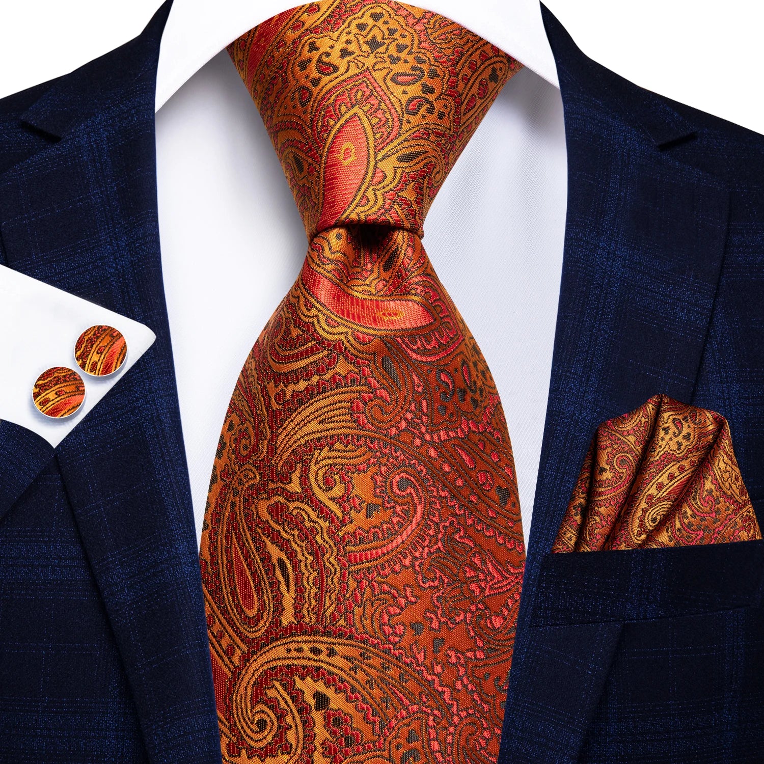 Tie Set for Men, 3-Piece Wedding Accessories with Cufflinks & Pocket Handkerchief, Striped/Floral Design Qme DPTH-HT-LDSN0976