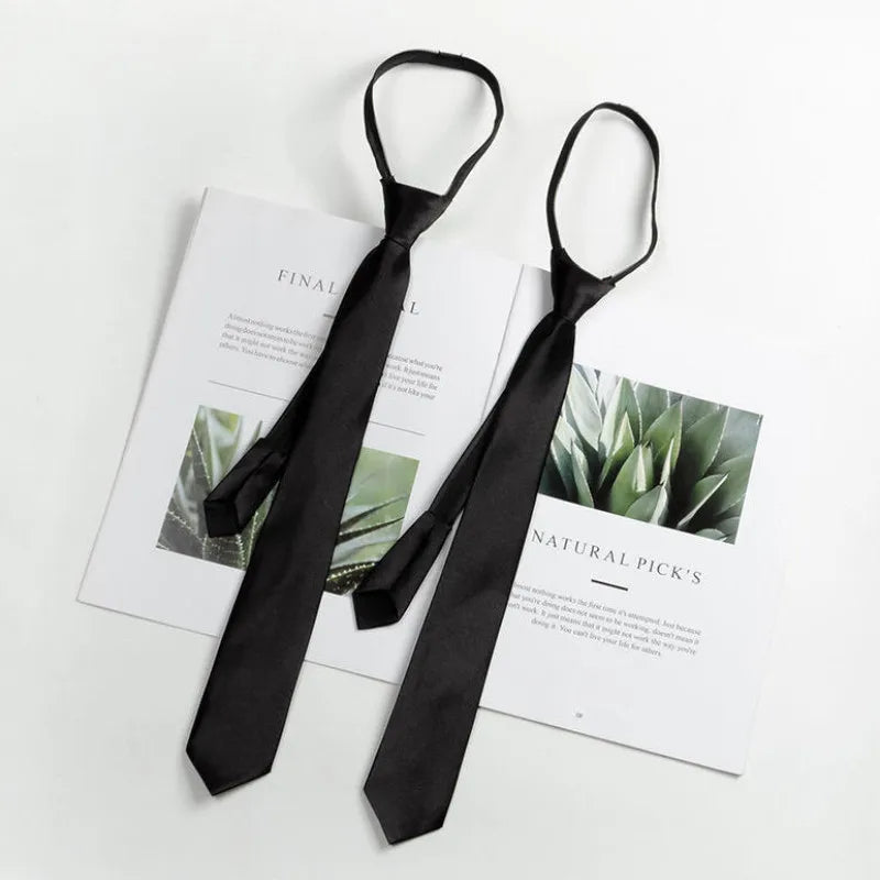 Black Unisex Zipper Ties Retro Silky Narrow Neck Tie Slim Smooth Qme