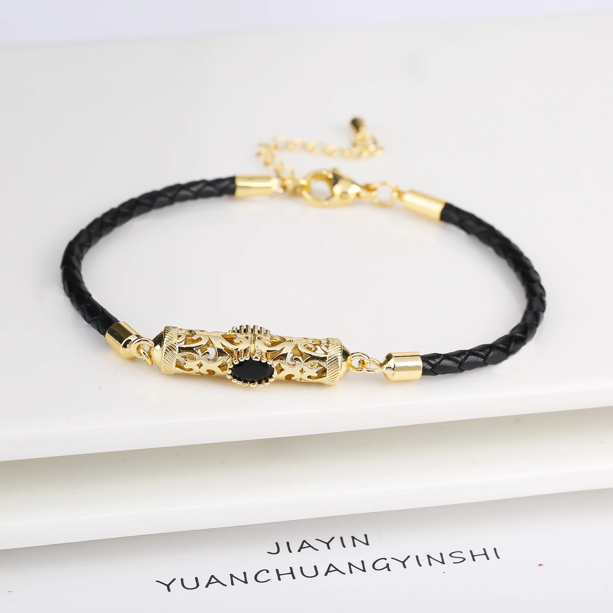 Gold-Plated Dragon Pillar Crystal Leather Braided Adjustable Bracelet Simple For Man Woman Party Holiday Jewelry Prayer Gift Qme Black