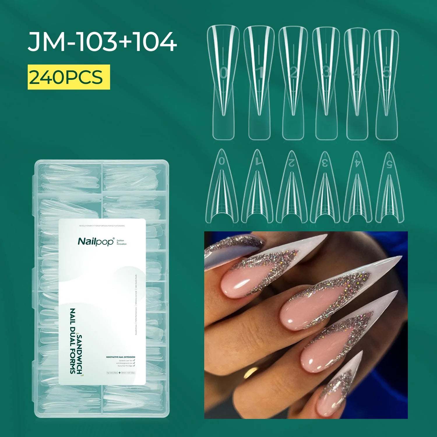 Nailpop 120 Stiletto Dual Forms Nail Sandwich 15 Shapes Clear Molds Qme L-Stiletto-240pcs