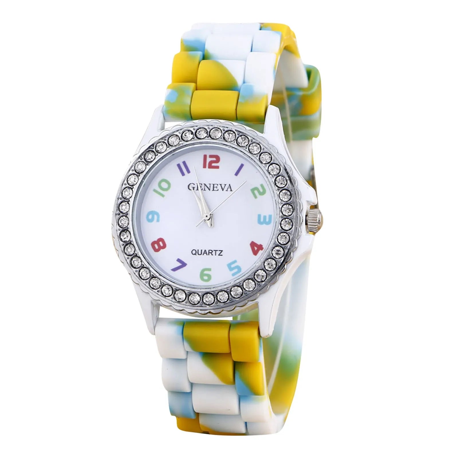 Girls’ Silicone Camouflage Watch Crystal Bling Quartz Wrist Watch Fashion And Cool Casual PU Strap Round Dial With Diamond Watch Qme A