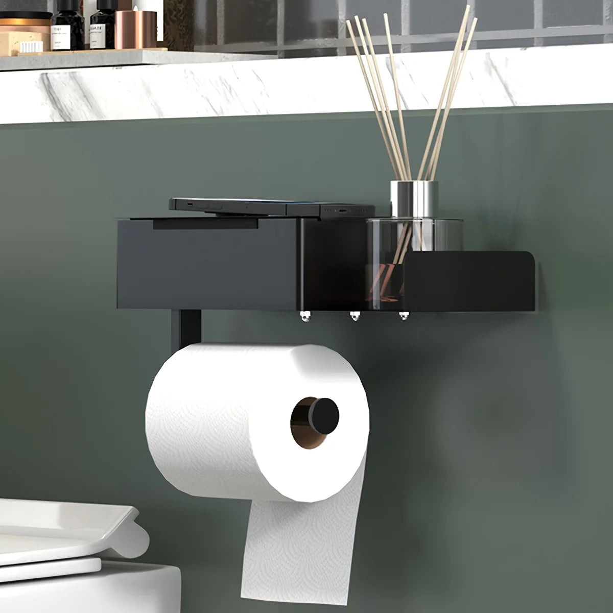 Wall-Mounted Toilet Paper Holder with Smartphone Stand - Modern Bathroom Tissue Dispenser, Essential Bathroom Organizer Qme