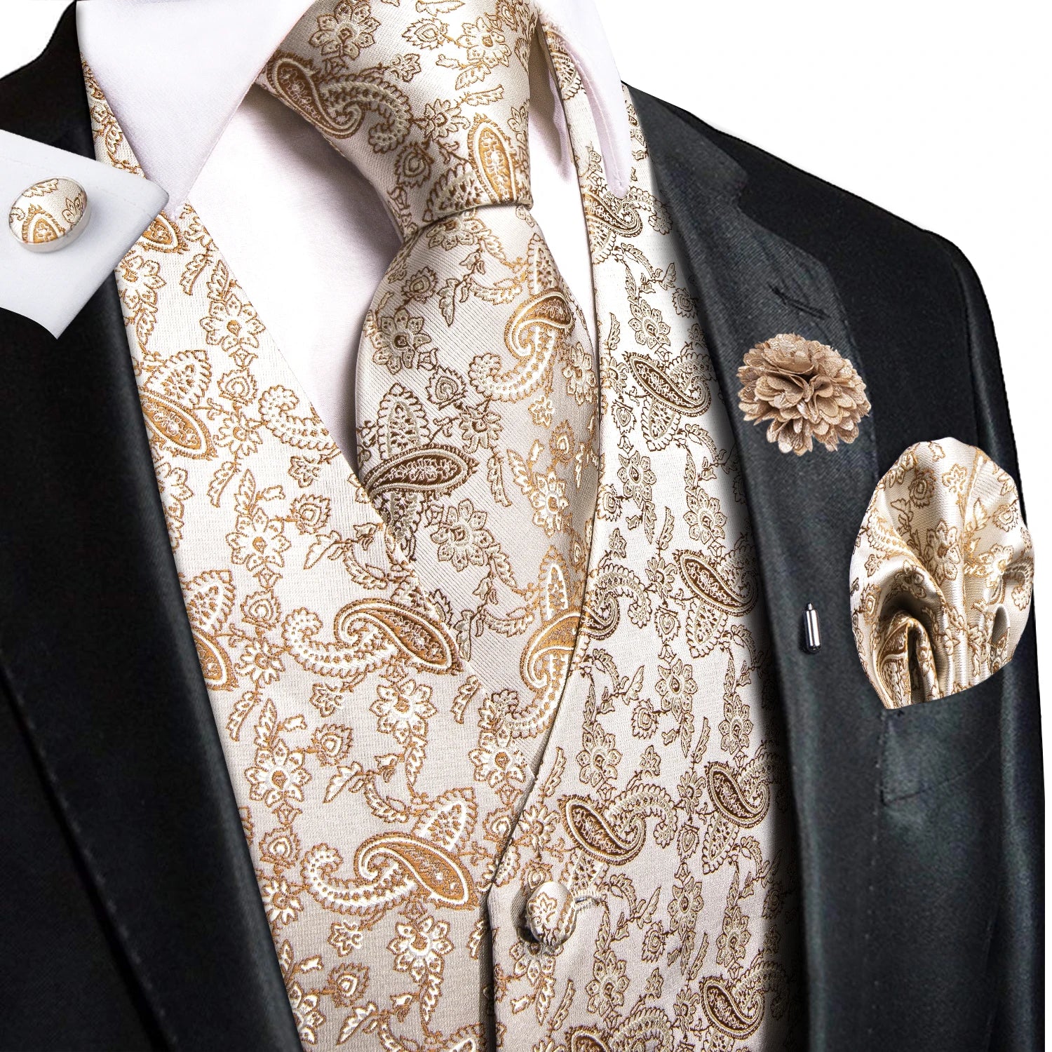 Mens Vests Jacquard Waistcoat Neck Tie Hanky Cufflinks Brooch Men Qme