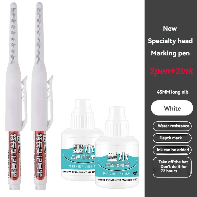 45mm Waterproof Long Head Nib Deep Hole Markers Pen Tile Carpenter Pen Multi-purpose for Woodworking Black/White/Red Ink Qme 2 pens 2 inks white