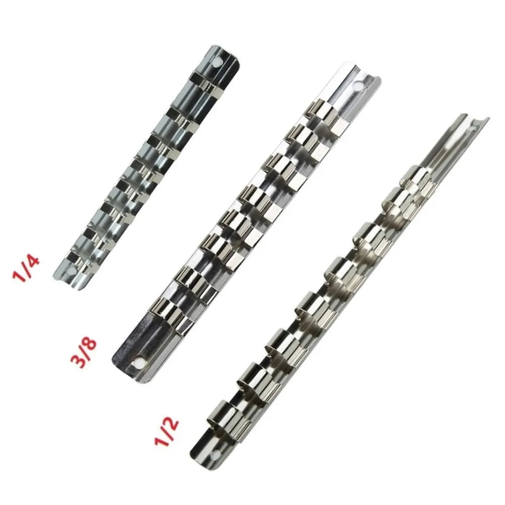 1/3Pcs 1/4" Or 3/8" Or 1/2" Socket Rack Holders With 8 Clips On Rail Tool 150/190/260mm Wall-mounted Iron Organizer Storage Qme
