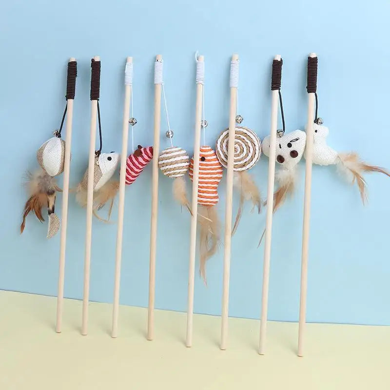 Cat Toy Cat Teaser Stick Handmade Cotton And Linen Woven Wooden Pole Cat Teaser Stick Cute Simulation Mouse Cat Interactive Toy Qme