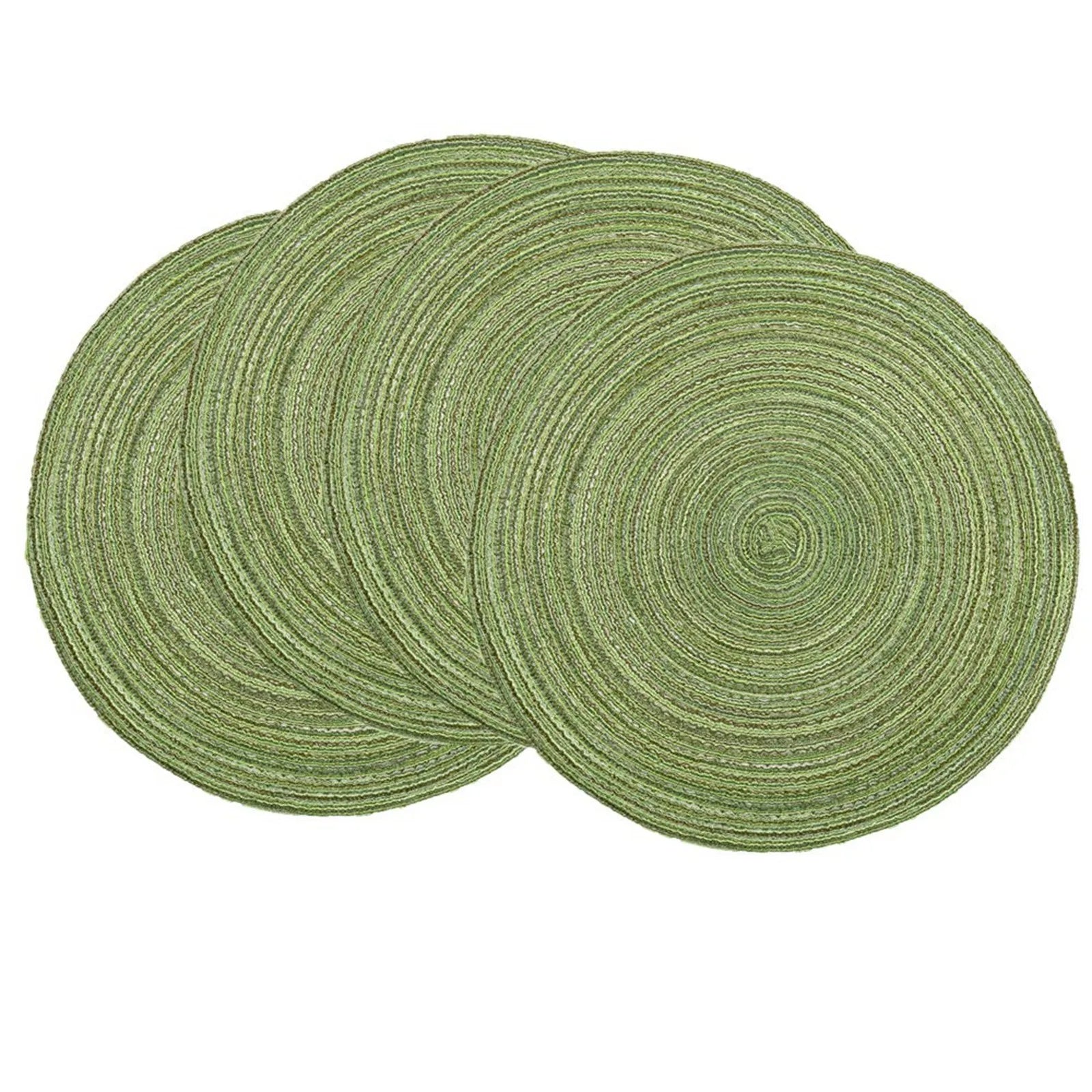 Four Piece Green Color Active Vintage Anti Slip Dining Table Meal Mat Woven Round Non-Slip Tableware Bowl Pads Drink Cup Coaster Qme Green