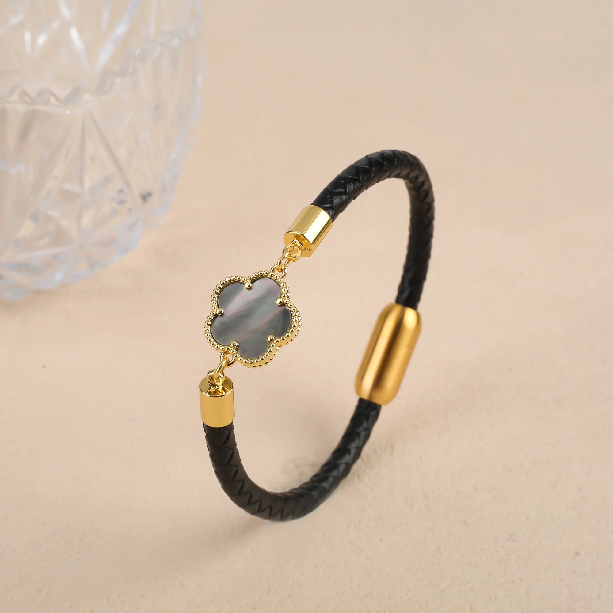 10 Colors Natural Gem Five-Leaf Flower Leather Bracelet Stainless Steel Magnetic Buckle for Women Flower Jewelry Free Shipping Qme Colors 5 17cm Coffee Leather