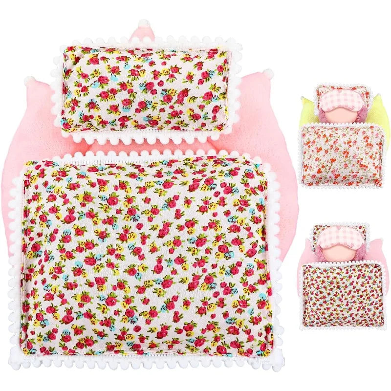 3 pieces of 17cm doll pillows, mattresses, duvet covers, cute floral bed covers, doll accessories, comfortable sleeping gifts Qme
