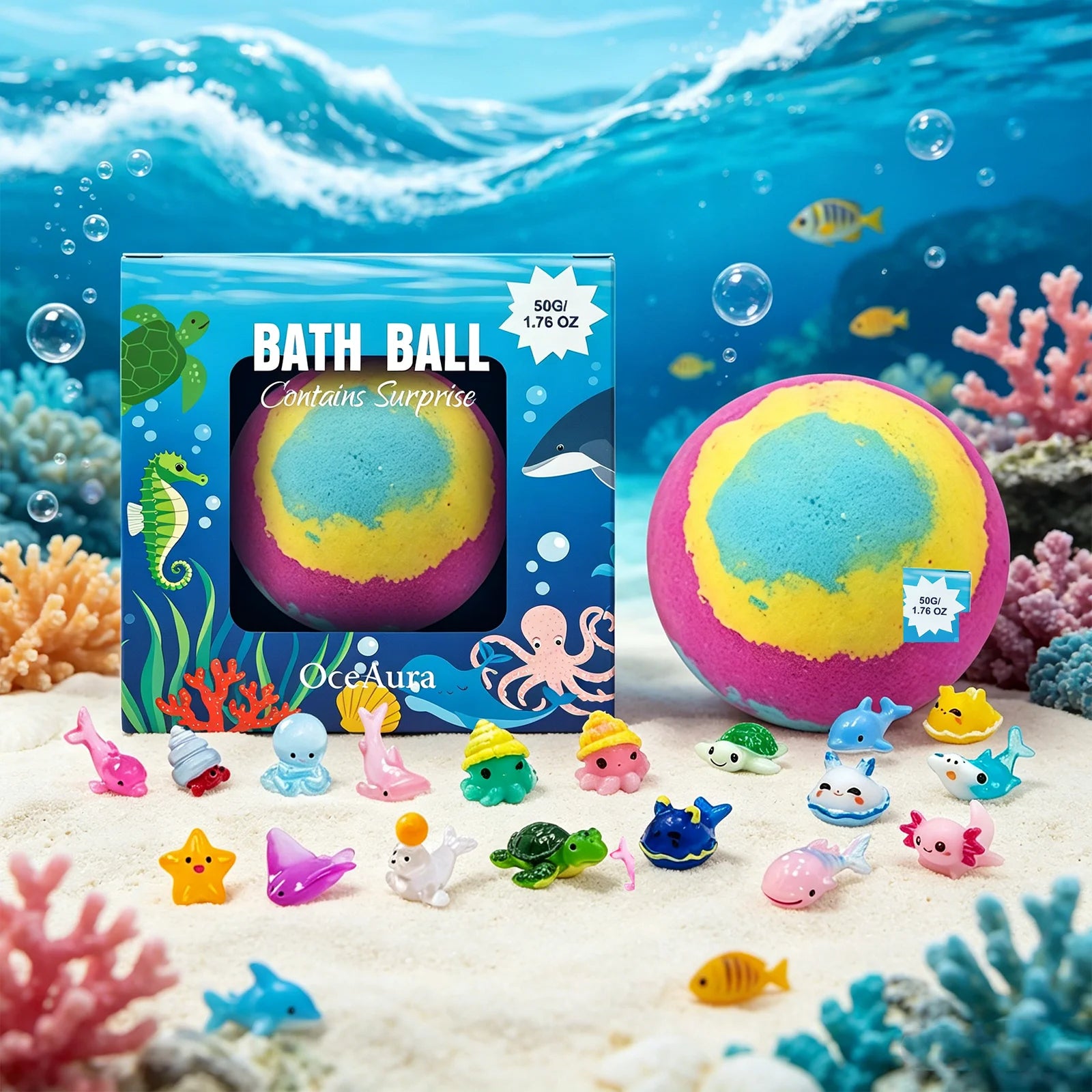 OceAura Kids Bath Ball with Random Marine Animal Toy for Over 3 Years Old Kids Skin Friendly Rich Foam Moisturizing Bath Ball Qme