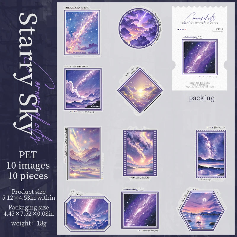10 pcs/pack Night view of the city Theme PET Sticker Pack DIY Scrapbooking Collage Diary Aesthetics Decor Stationery Stickers Qme E