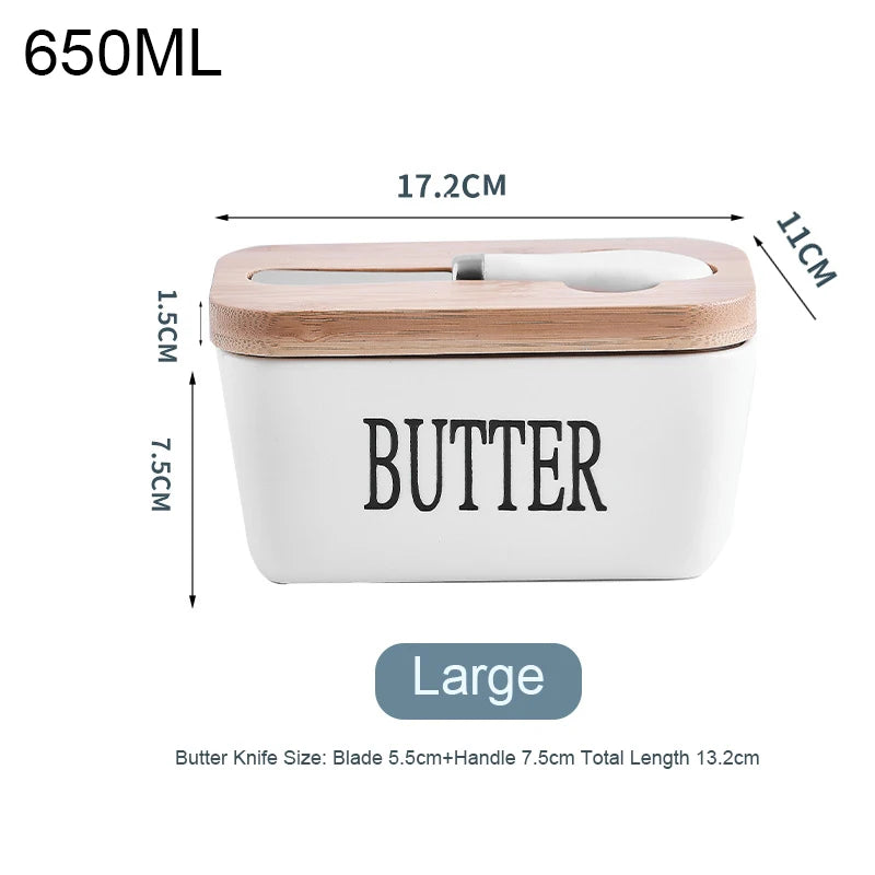 Ceramic Butter Container Box Restaurant Sealed Storage Box Cheese Box with Knife Bamboo Lid Butter Slicer Butter Dish Tableware Qme 650ml