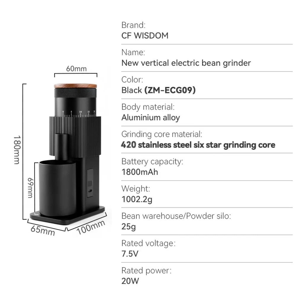 Portable Electric Coffee Grinder USB Rechargeable Adjustable Home Qme ZM-ECG09