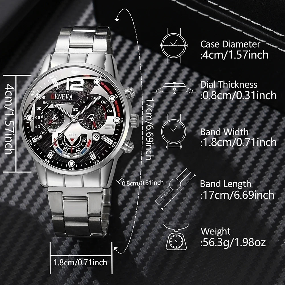 4Pcs Cross Men Watch Jewelry Set Silver Stainless Steel Chronograph Wristwatch Cuban Bracelet Cross Necklace Ring Gift For Him Qme
