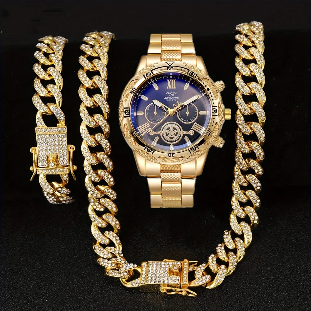 New Fashion Men's Versatile Round Dial Steel Bracelet Quartz Watch Chain Bracelet Necklace Set Exquisite Atmosphere Holiday g Qme