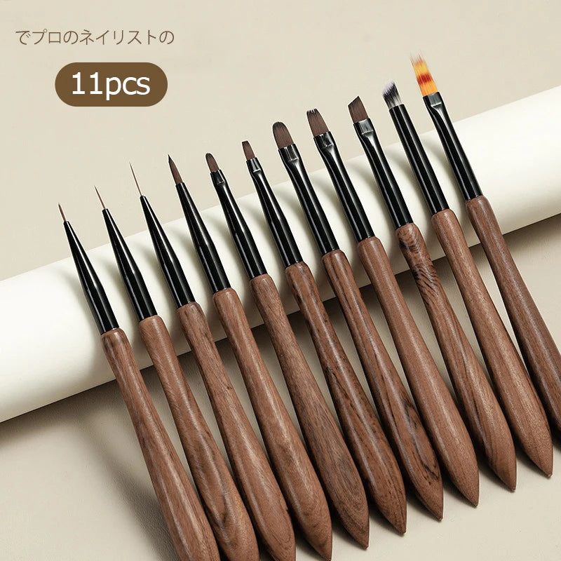 Round Wood Handle Nail Art Liner Brush DIY Painting Pen Sandalwood Brushes Set Drawing Fine Lines Stripe Pen UV Gel Nail Salon Qme set of 11pcs