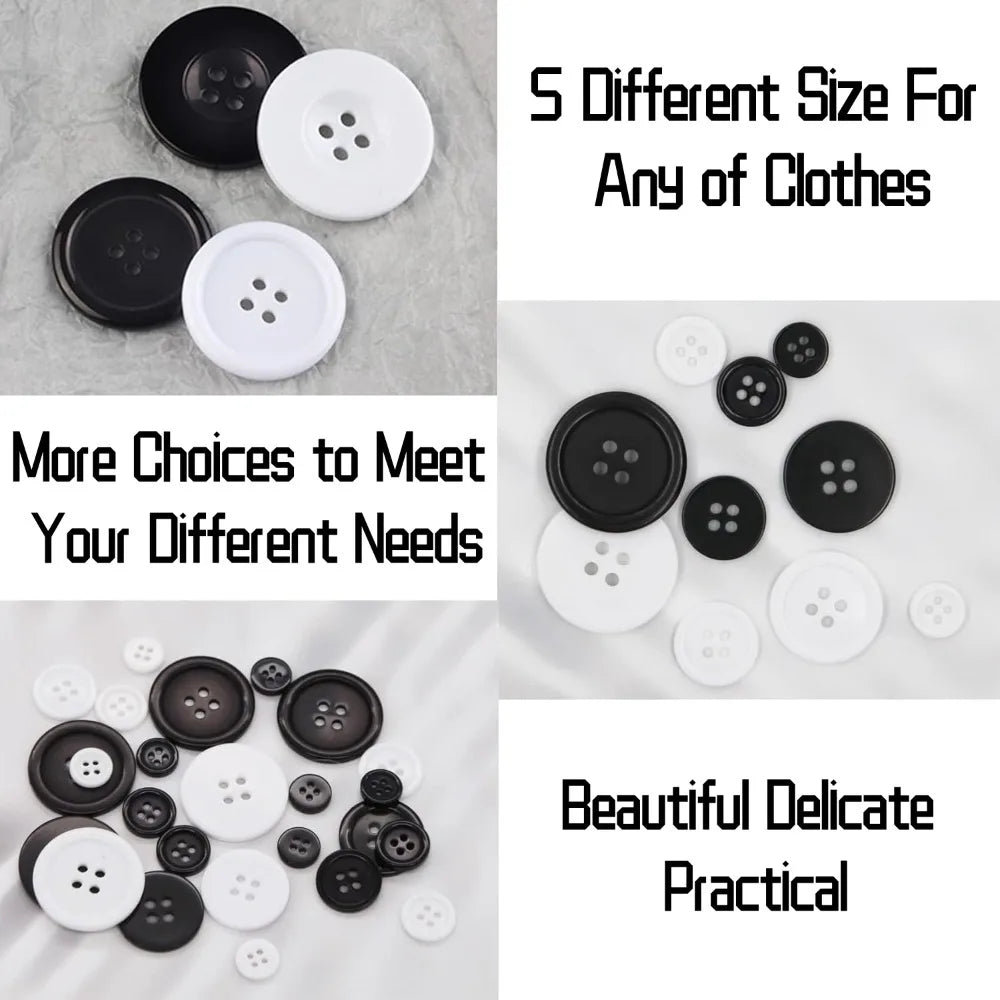 160PCS Round Resin Sewing Button 4 Holes Craft DIY Garment Sewing Button Mixed 5 Sizes Black and White Button Sewing Accessories Qme