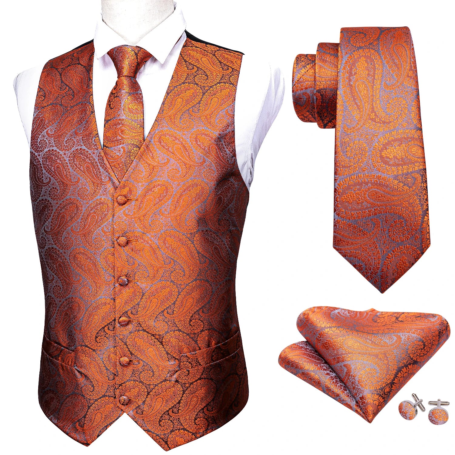 Men's Paisley Floral Vest Includes Matching Tie Cufflinks Weddings Qme MJ-2042 M