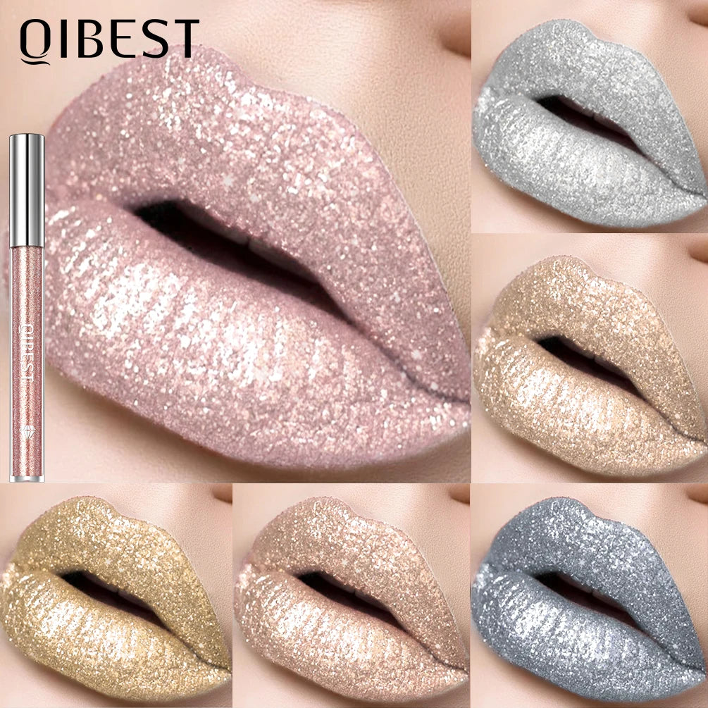 QIBEST Metallic Glitter Liquid Lipstick Makeup Waterproof Lip Gloss Long-lasting Shimmer Metal Diamond Lip Glaze Tint Charming Qme