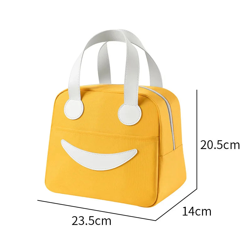 A Portable Cute Smile Lunch Bag Insulated Refrigerated Food Safe Girls Warm Food Picnic Office Student Zip Food Storage Box Qme Yellow Trumpet