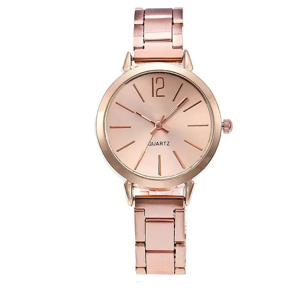 Relógio de pulso de quartzo redondo simples para mulheres, moda inoxidável, pulseira de ouro, relógios femininos, luxo, Qme 1