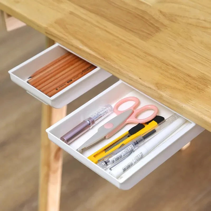 1PCS White SelfAdhesive Storage Drawer Box Makeup Pencil Tray Desk Hidden Under Stand Self-adhesive Under-drawer Storage Box New Qme