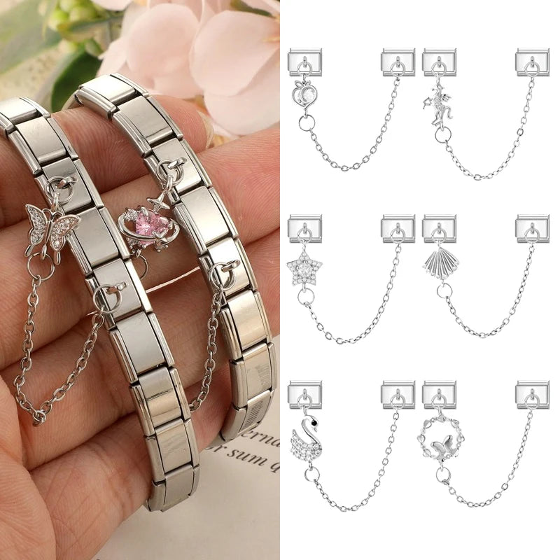Zircon Heart Planet Butterfly Peach Tassel Chain Italian Charm Links Fit 9MM Stainless Steel Bracelet Women DIY Making Jewelry Qme