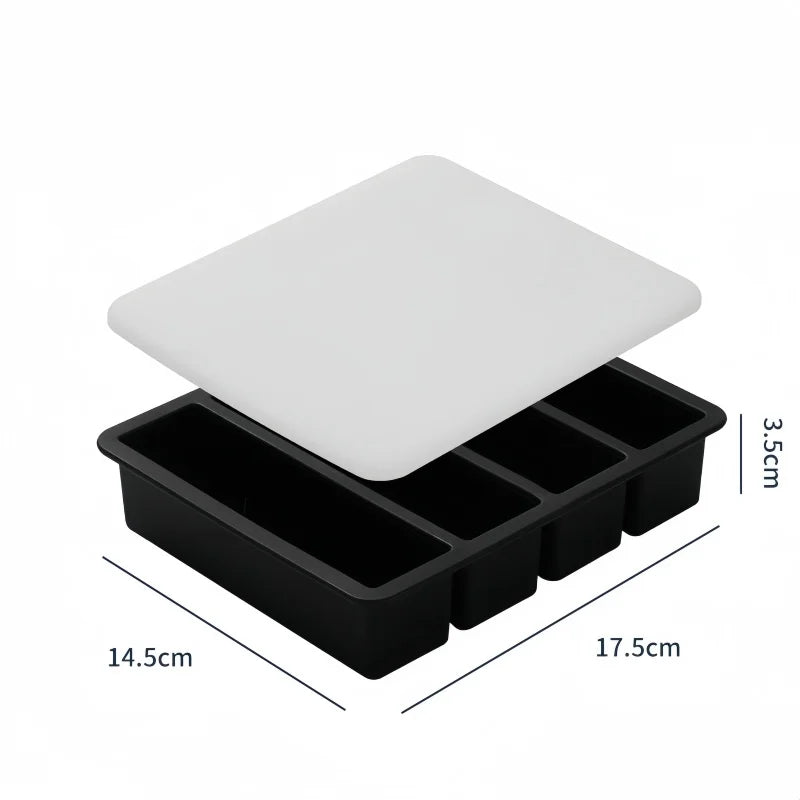 4 Grid Rectangular Silicone Ice Cube Mold with Lid Household Food Grade Ice Grid Tray Whiskey Ice Box Qme black