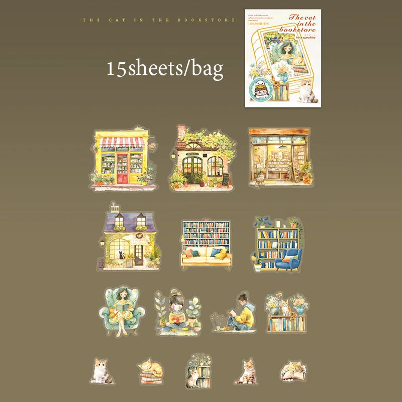 Sticker Pack 15 Sheets/Bag Bookstore Reading Cat Scrapbook Stationery DIY Journal Phone Case Notebook Decoration Qme 4