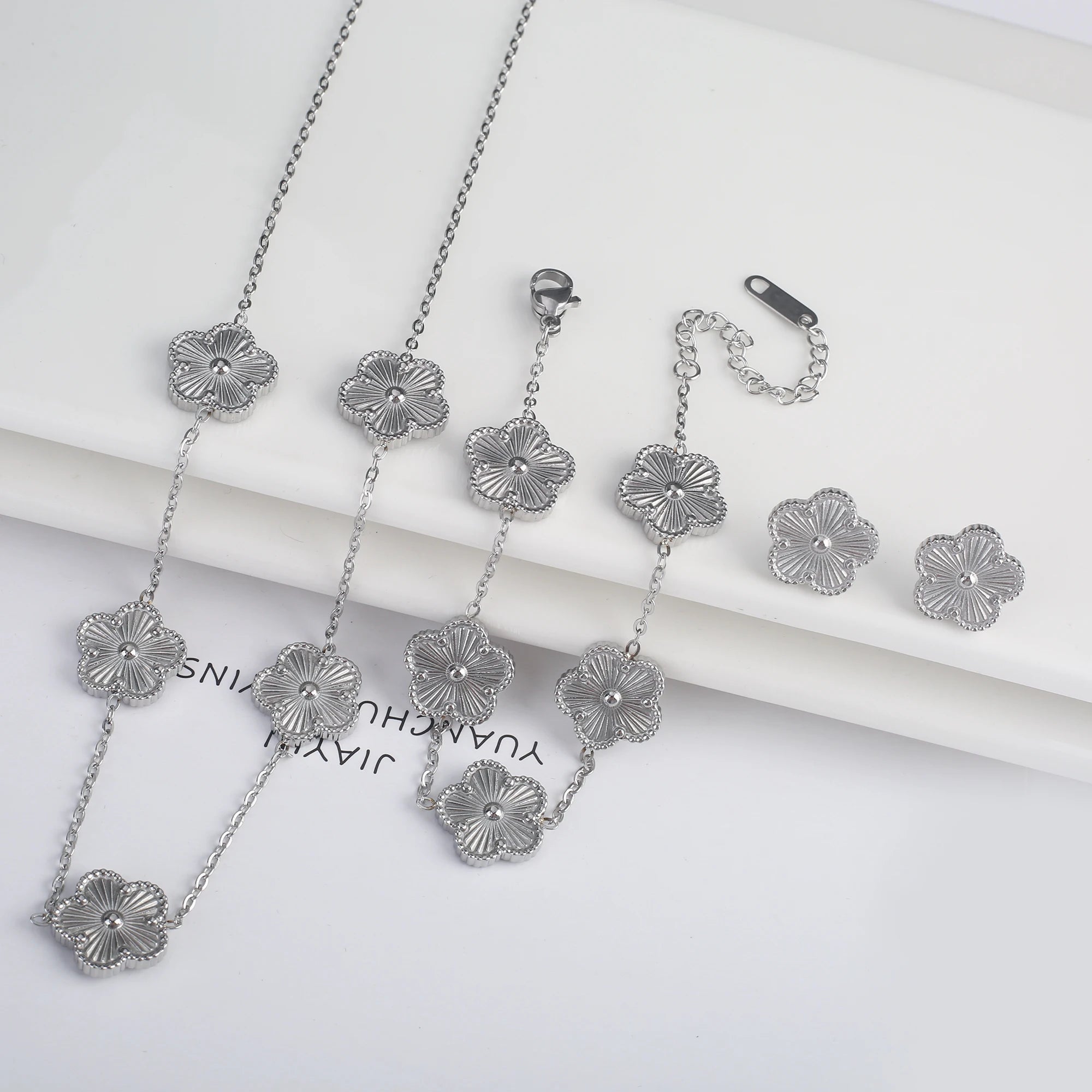 Clover Five Leaf Flower Stainless Steel Bracelet Necklace Earrings Jewelry Set Luxury for Women High Quality Party Jewelry Gift Qme 9
