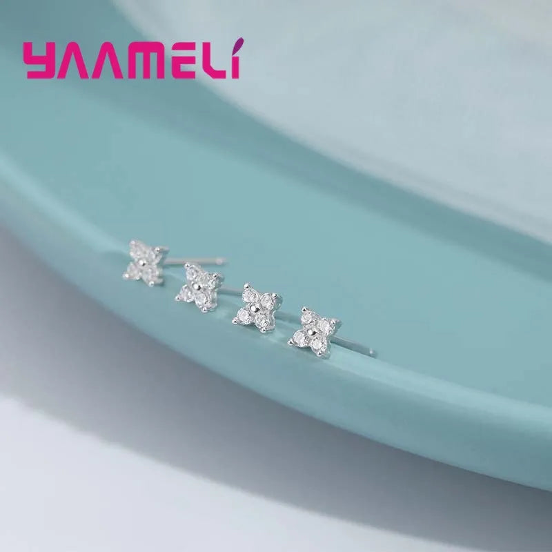 100% Real 925 Sterling Silver Color Clover Stud Earrings Bright Zircon Earrings For Women Girl Fashion Trendy Jewelry Qme