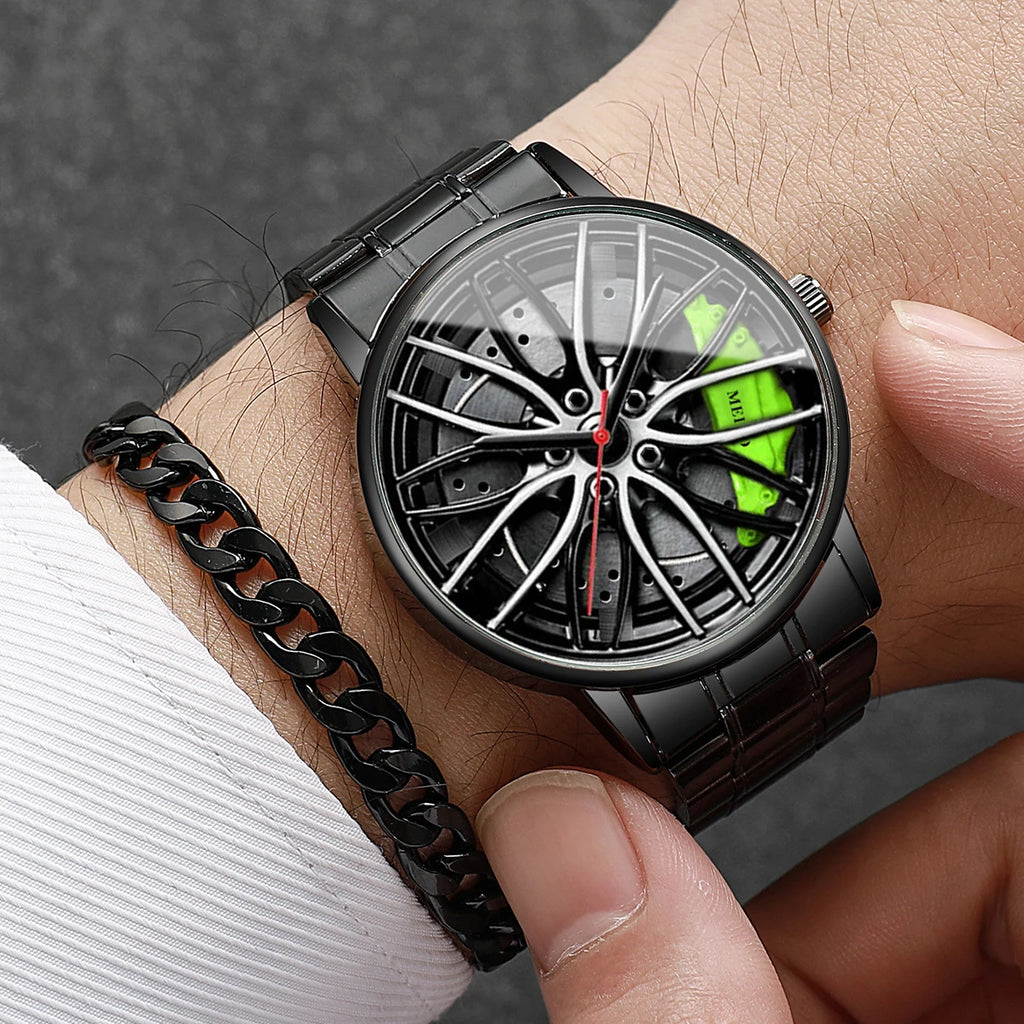 4 pçs/set moda 3d roda de carro dial masculino relógio esportivo luxo banda aço inoxidável relógios quartzo conjunto jóias Qme