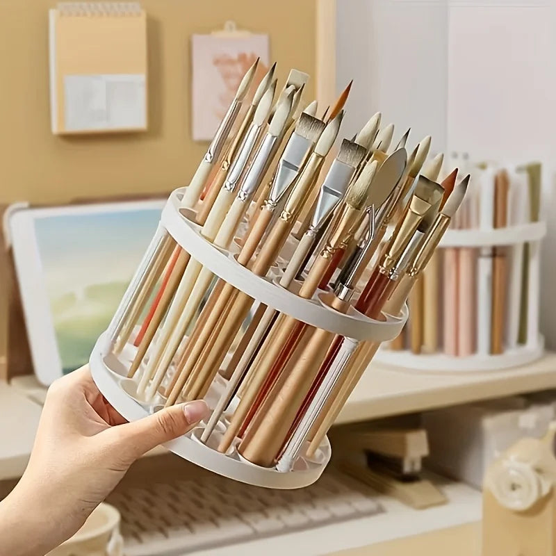 360° Rotating Brush Holder - White Plastic Organizer with Glaze Finish, Space-Saving Design for Art Brushes, Pens, Makeup Tools Qme