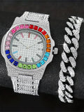 2-piece Fashion Watch Starry Sky Men's and Women's Hip Hop Bracelet Set with Diamonds Qme Silver No