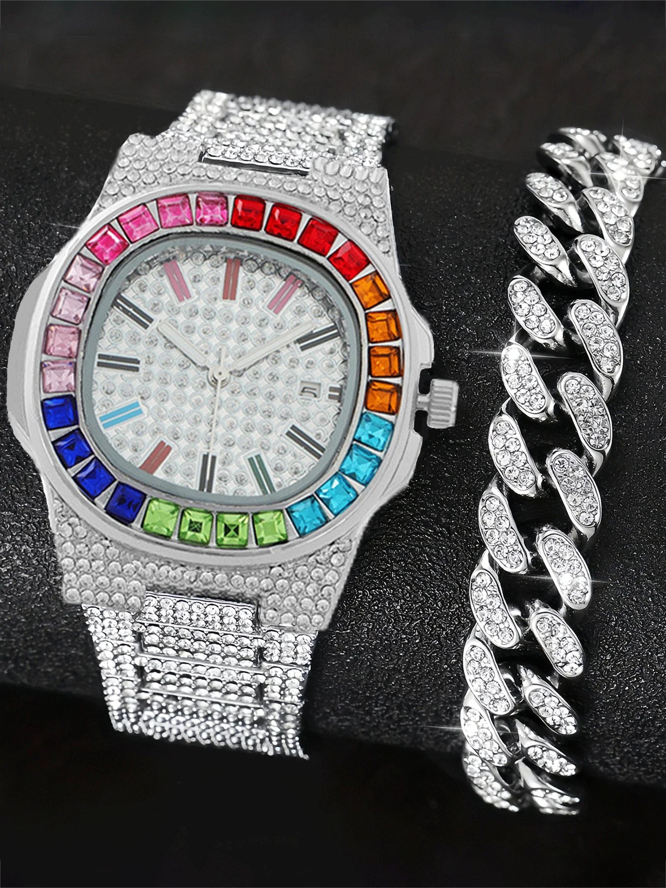 2-piece Fashion Watch Starry Sky Men's and Women's Hip Hop Bracelet Set with Diamonds Qme Silver No