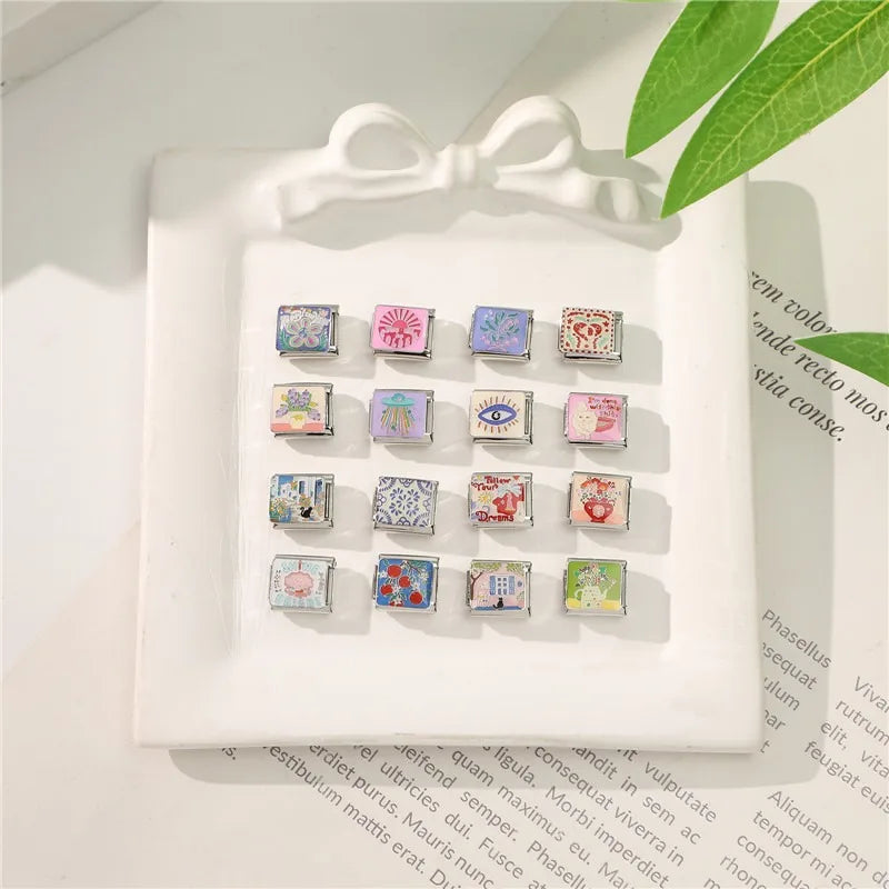 2026 Y2K Colorful Pattern Art Street Cats Vase Flower Italian Charm Links Fit 9mm Stainless Steel Bracelet Women Men DIY Making Qme