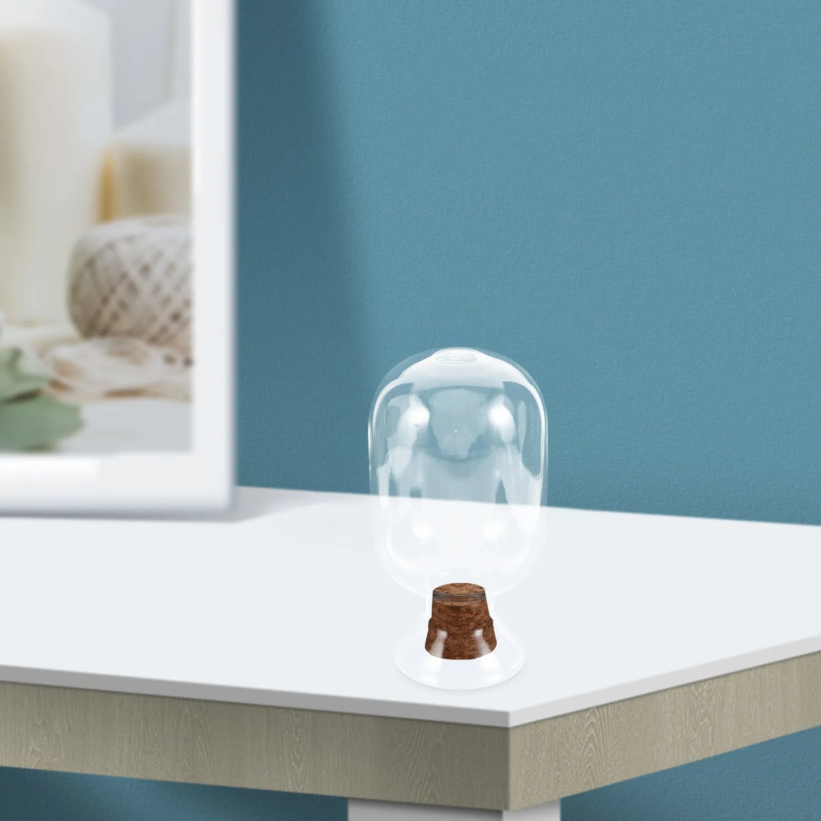 Small Clear Glass Bottle with Cork Stopper Upside Down Shape Decorative Match Holder Mantel Fireplace Display Compact Qme