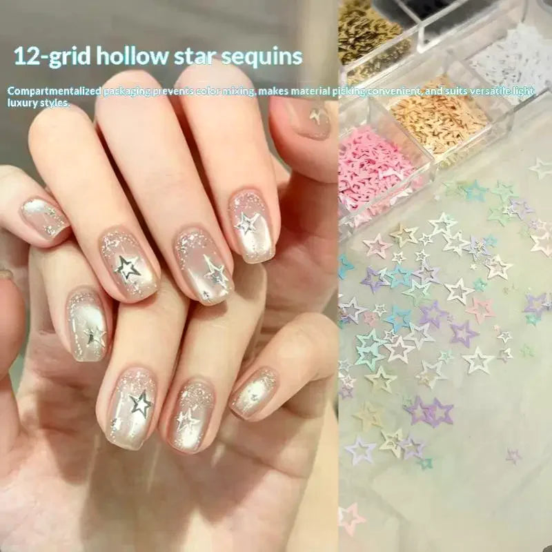 Hollow Star Nail Art Glitter Sequins 12 Grids Sparkle Flakes Wedding Qme
