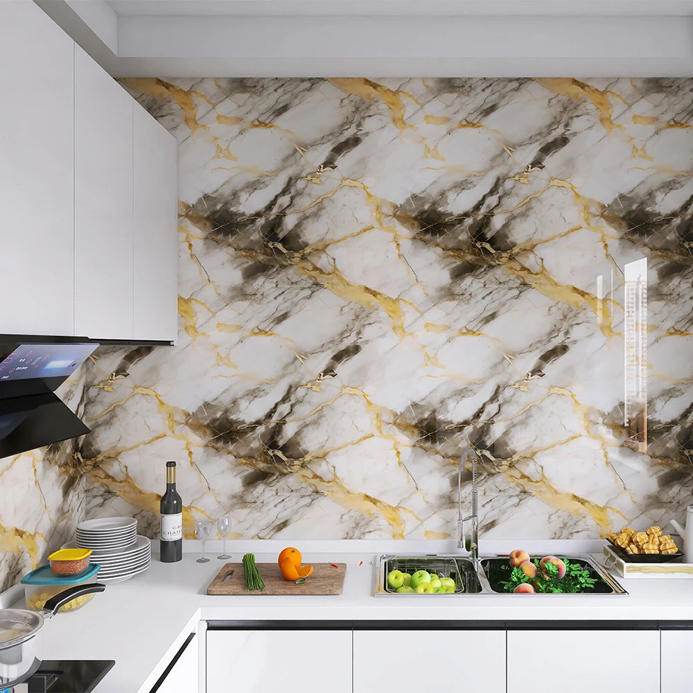 European Style Self Adhesive Wall Sticker Heat Resistant Moisture Proof Wallpaper Marble Pattern for Bedroom Living Room Kitchen Qme