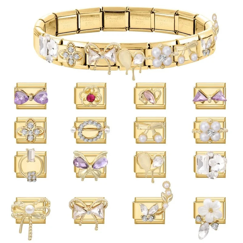 Premium Gold Color Zircon Bowknot Italian Charm Bracelet Stainless Steel Elastic Bracelet Link Bangle DIY Women Men Jewelry Gift Qme