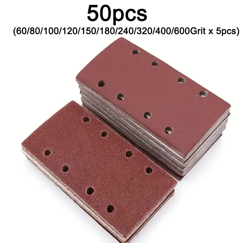50pcs Assorted Grit Sanding Sheets Set, 93 x 185mm, 8-Hole, for Rectangular Sanders, Wood Compatible, Manual Sanding Pads Qme 50pcs