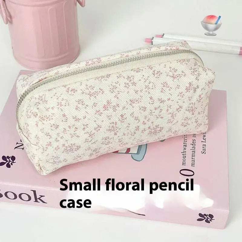 Pink Small Floral Pencil Case Handheld Pen Large Capacity Pouch Bag Qme
