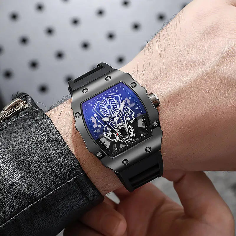 Hollow-out Richard Barrel-shaped Quartz Watch Men Silicone Strap Qme