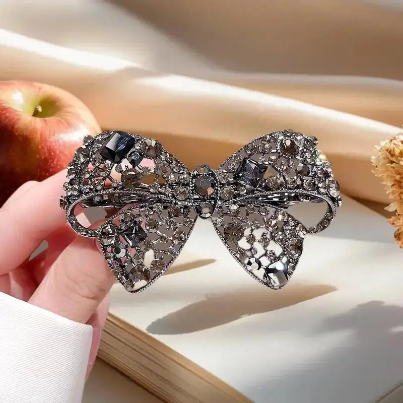 Shiny Rhinestone Hollow Bow Hairpin High-end Black Crystal Side Bangs Qme Default Title