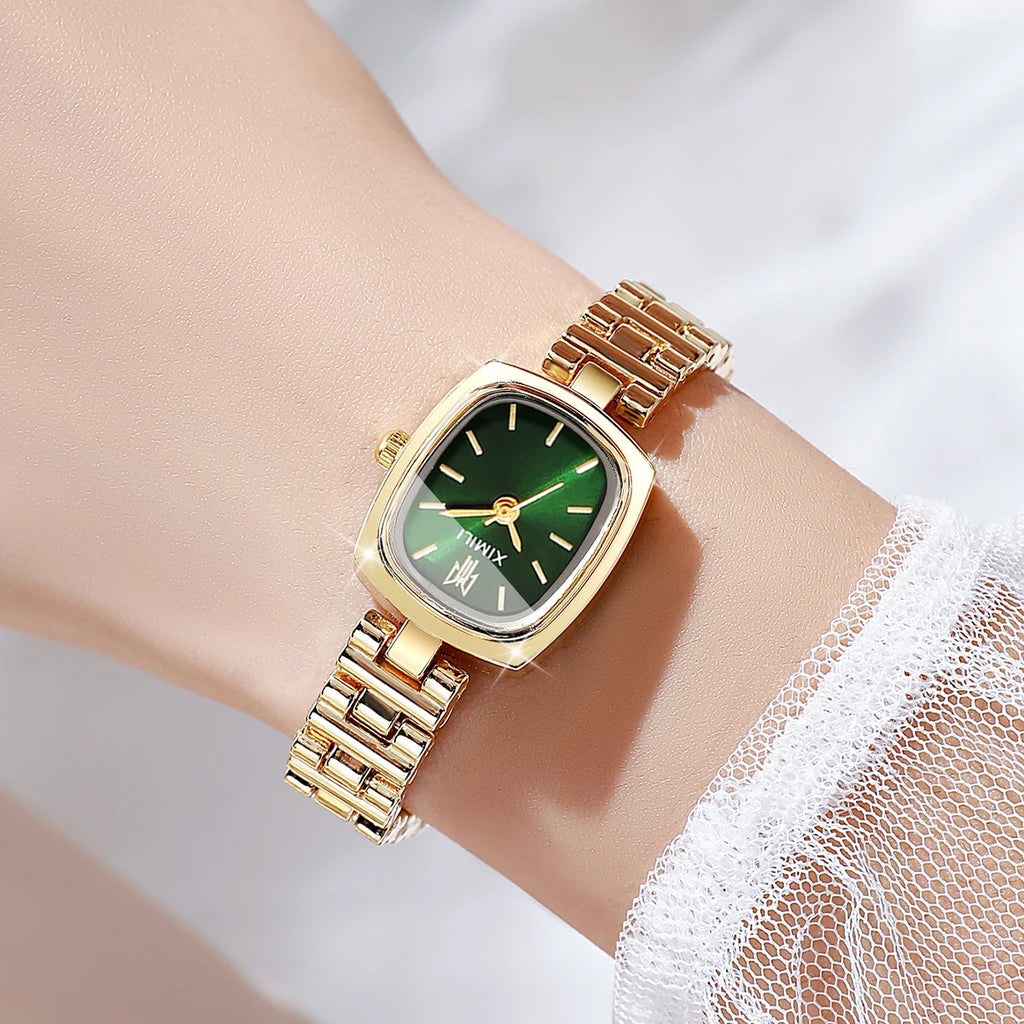 Classic Women's Quartz Watch, Gold Tone with Small Green Dial, Fashion Accessory Qme