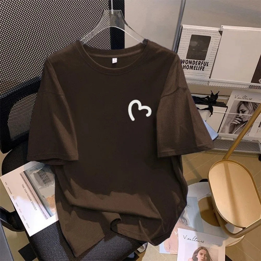 Fashion Round Neck Oversized T-shirt Loose Fit Simple Couple Outfits Qme
