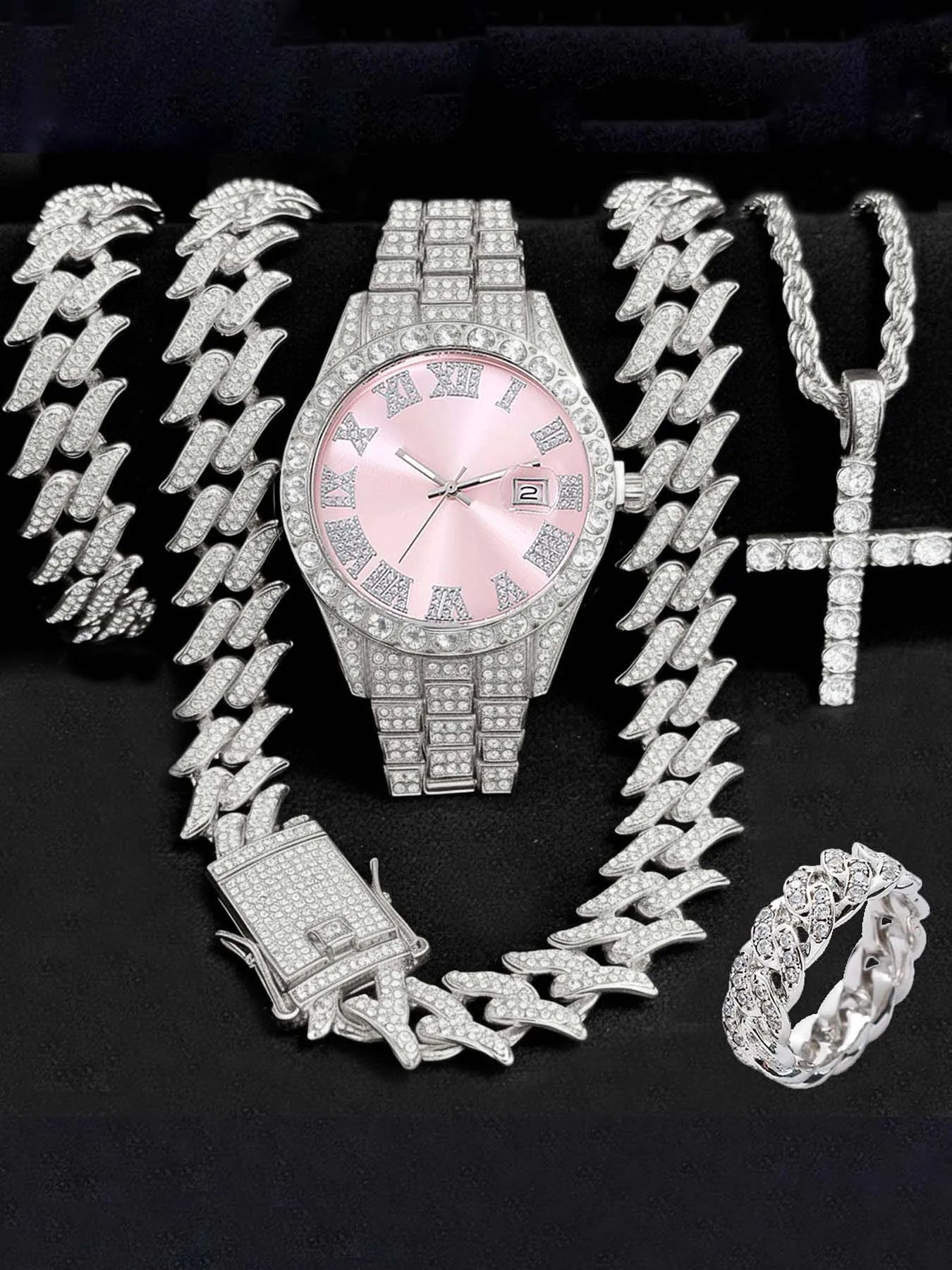 Diamond studded Roman style fashion watch with calendar for women, women's watch set for women Qme Ivory