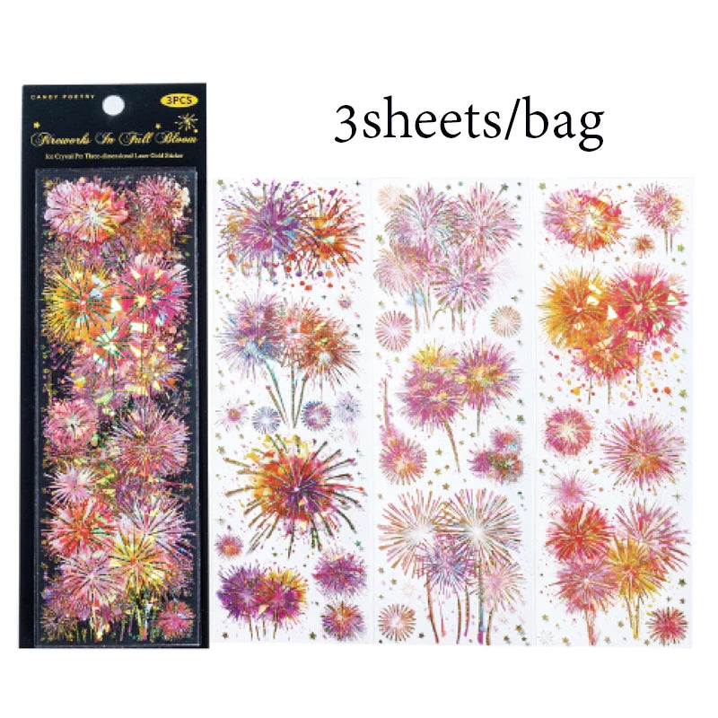 Sticker Pack 3 Sheets/Bag Dazzle Fireworks ThreeDimensional Laser Gold Flat Sheet PET Stickers Handbook Stationery DIY Decorate Qme 3