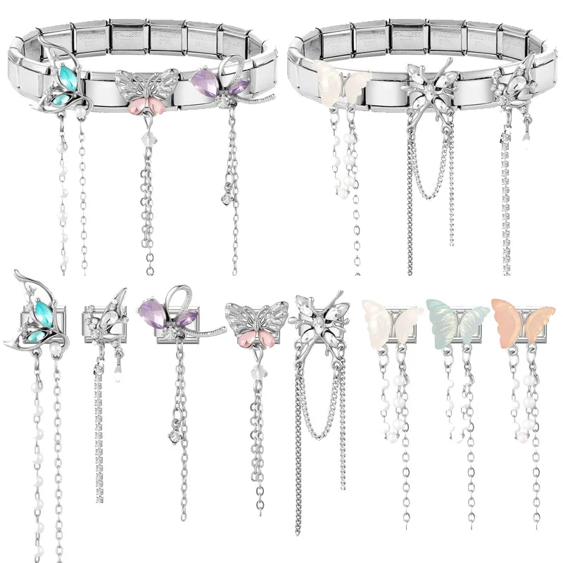 Women Men New Colorful Butterfly Zircon Long Pearl Tassel Chain Italian Charms Fit 9mm Stainless Steel Bracelet DIY Jewelry Gift Qme